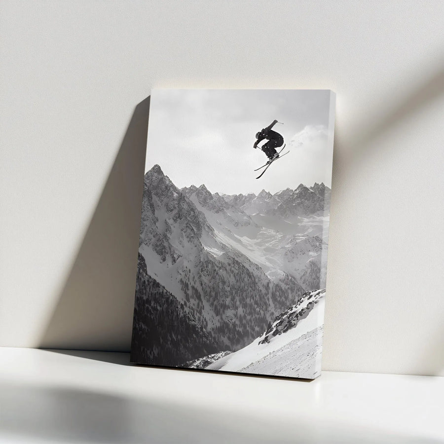 Skiing Wall Art Canvas | Black and White Extreme Sports Action | Gallery Wrapped Premium Decor | Gift for Skier and Mountain Lover