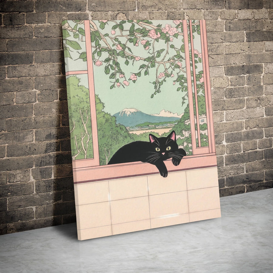 Japanese Black Cat Canvas Art | Mount Fuji Ukiyo-e Window View | Premium 1.25" Gallery Wrap | Cat Lover Gift & Home Wall Decor