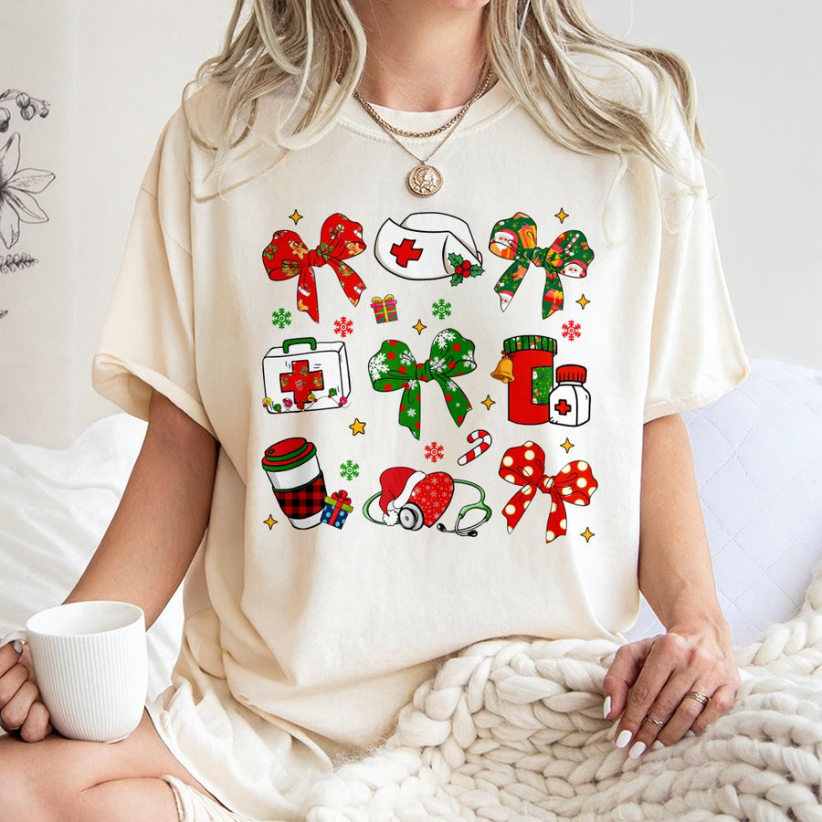 Nurse Christmas T-Shirt | Coquette Aesthetic Holiday Medical Design | 100% Cotton Premium Tee | Cute RN Nursing Student Gift
