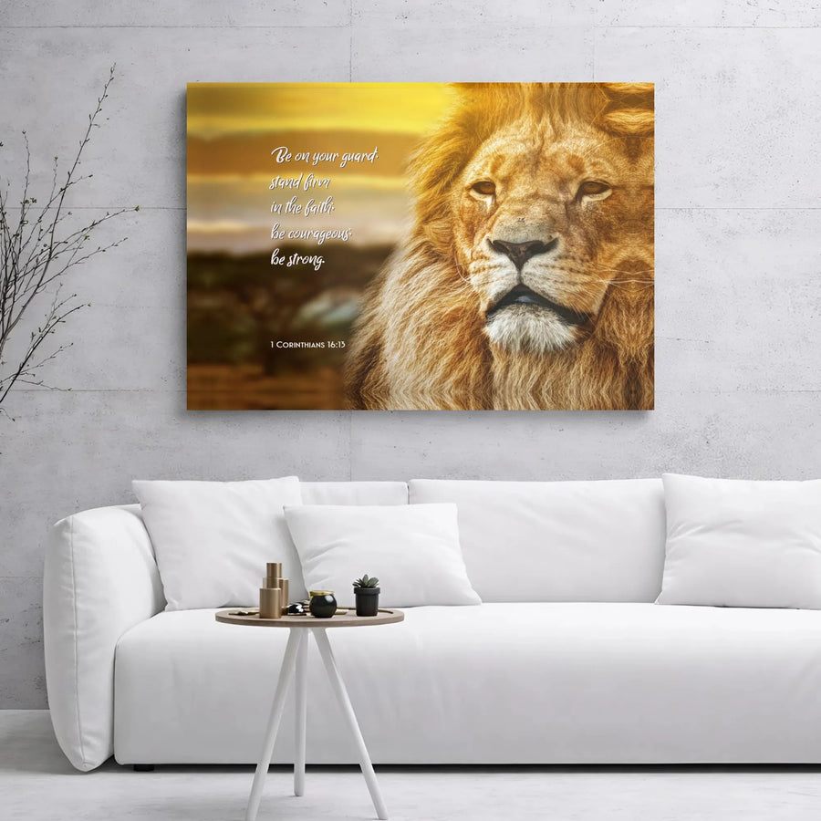 Lion Bible Verse Canvas Wall Art | 1 Corinthians 16:13 Scripture Print | Premium Gallery Wrap Wooden Frame | Christian Home Decor Gift
