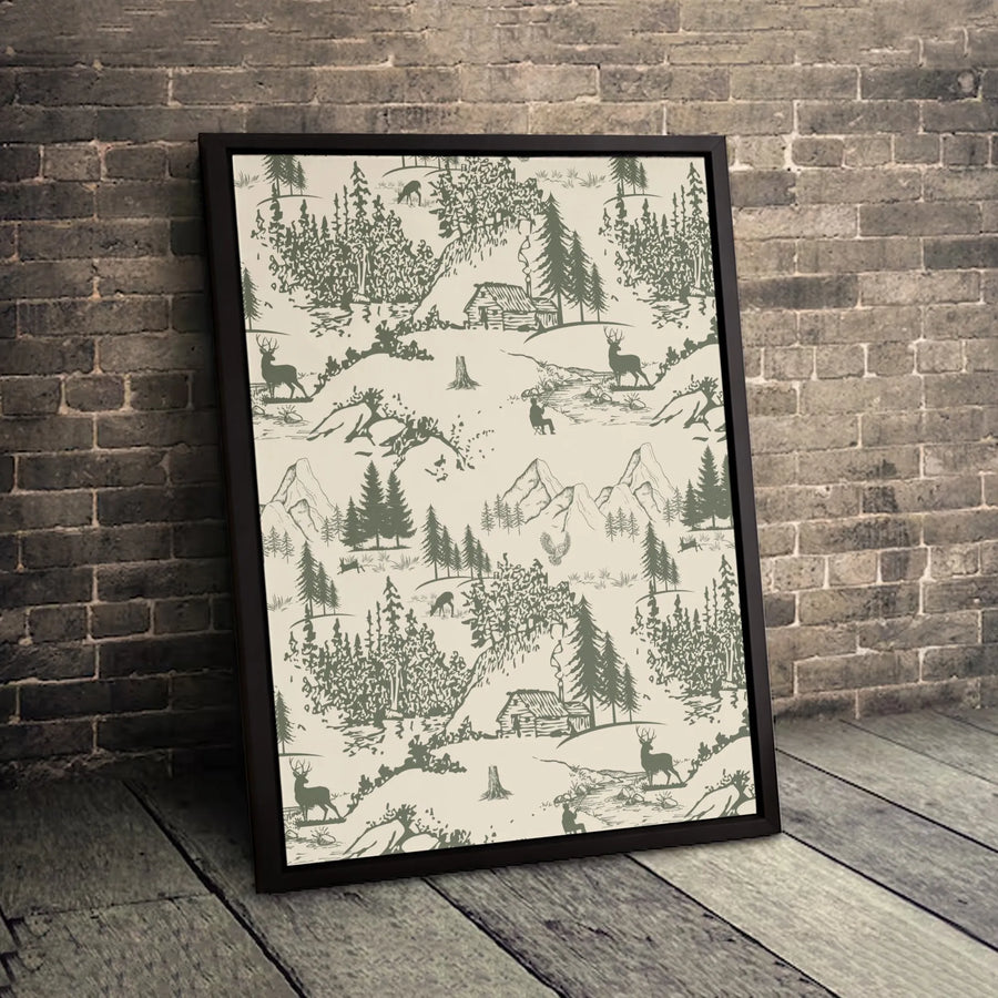 Rustic Woodland Toile Canvas Art | Deer Cabin Pine Tree Landscape Print | Gallery Wrapped Premium Quality | Cabin Decor For Nature Lovers