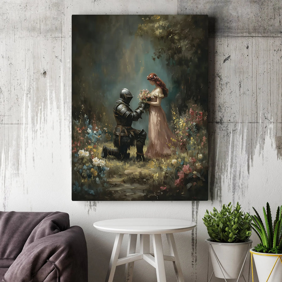 Romantic Knight Offering Flowers Canvas | Medieval Fantasy Wall Art | Premium 1.25" Gallery Wrap | Gift for Couples or Bedroom Decor