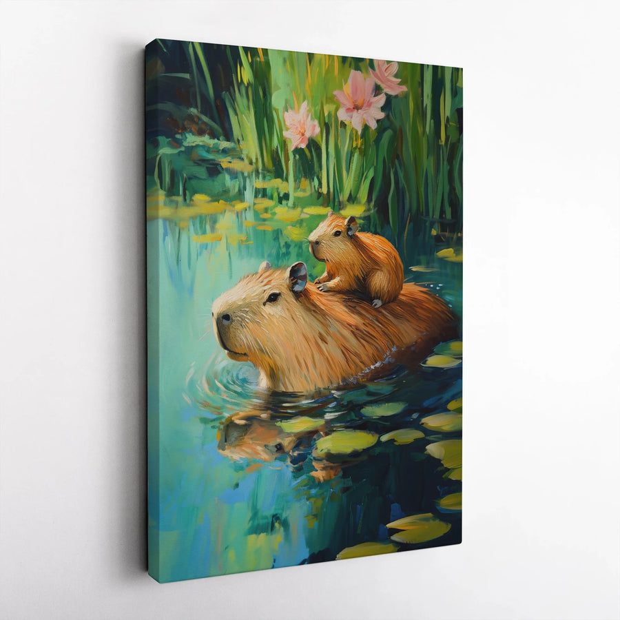 Capybara Wall Art | Cute Baby Capybara Swimming Impressionist Painting | Premium Stretched Canvas Print | Animal Lover Home Decor Gift