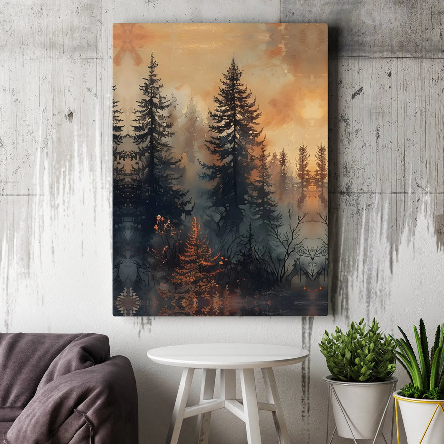 Misty Pine Forest Wall Art | Moody Sunset Landscape Canvas Print | Premium Gallery-Wrapped Decor | Nature Lover Living Room Gift