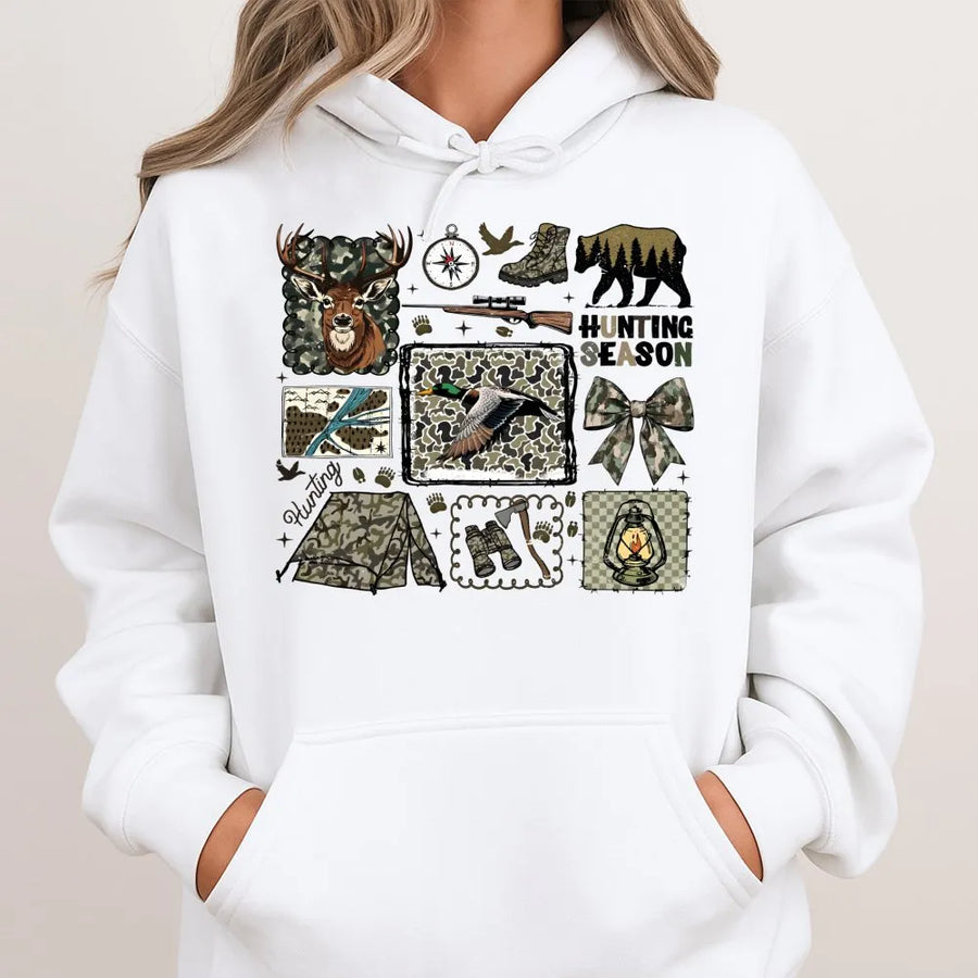 Hunting Season Hoodie | Deer and Duck Camo Graphic Print | Premium Cotton Blend | Gift for Hunters and Outdoorsmen