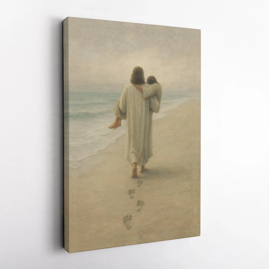 Footprints in the Sand Canvas Wall Art | Jesus Carrying Lamb on Beach | Premium Christian Art Print | Inspirational Religious Home Decor Gift