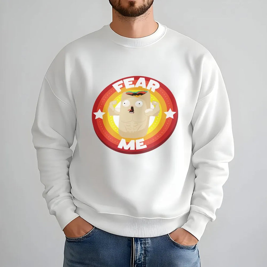Fear Me Burrito Sweatshirt | Funny Muscular Flexing Food Graphic Tee | Soft Cotton | Novelty Gift for Gym Goers & Foodies