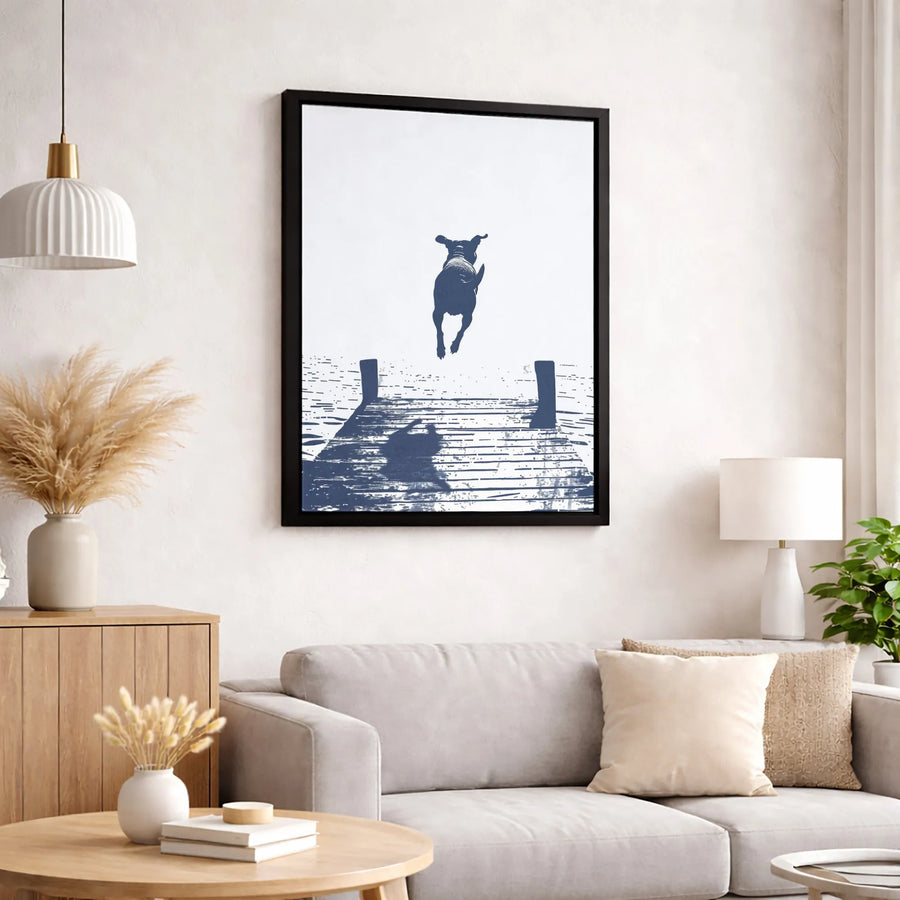 Dog Jumping Into Water Canvas Art | Minimalist Silhouette Pier Print | 1.25-Inch Gallery Wrap | Modern Pet Lover Gift & Wall Decor