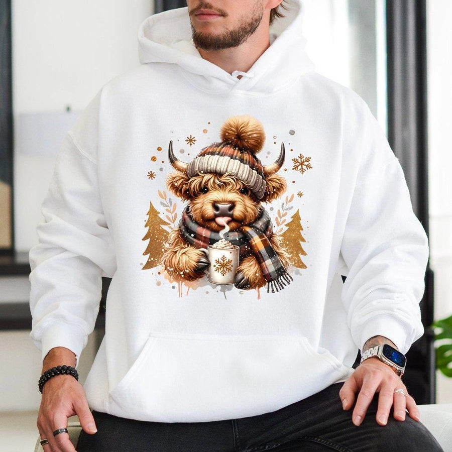 Highland Cow Christmas Hoodie | Festive Winter Animal Graphic Design | Premium Cotton-Blend Pullover | Cozy Gift for Cow Lovers