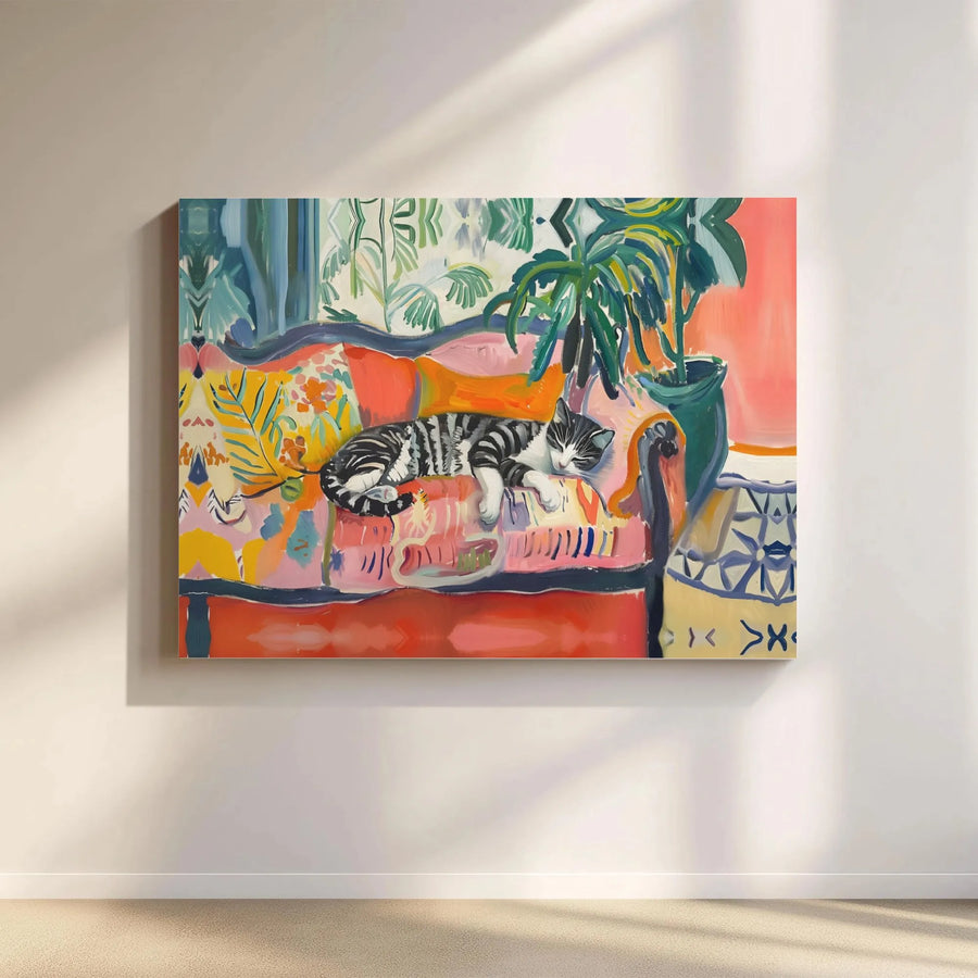 Sleeping Tabby Cat Wall Art | Colorful Matisse Style Painting | Premium Gallery Wrap Canvas | Whimsical Animal Decor Gift for Cat Lovers