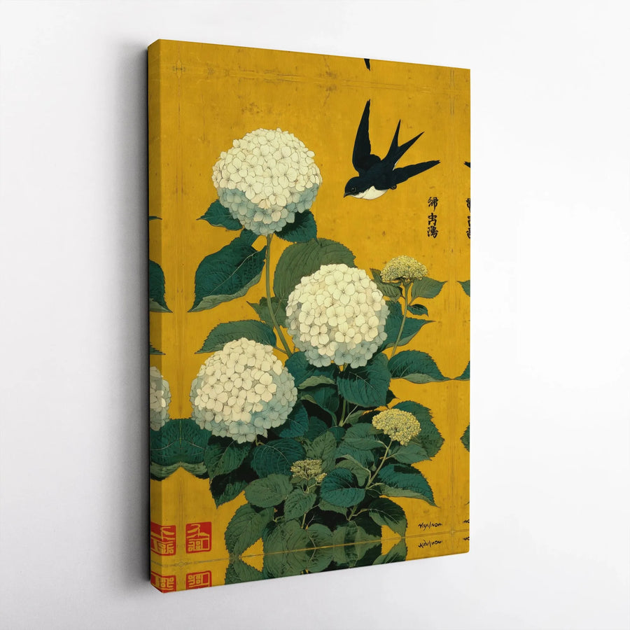 Japanese Floral Canvas Art | Hydrangea and Swallow Bird Print | Premium Gallery Wrapped Print | Asian Inspired Home Decor Gift