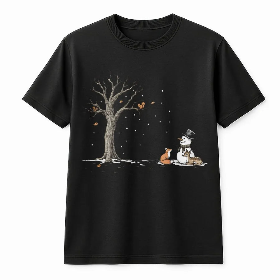 Winter Forest Animals T-Shirt | Cute Snowman and Woodland Critters Graphic | Premium Soft Cotton | Holiday Gift for Nature Lovers
