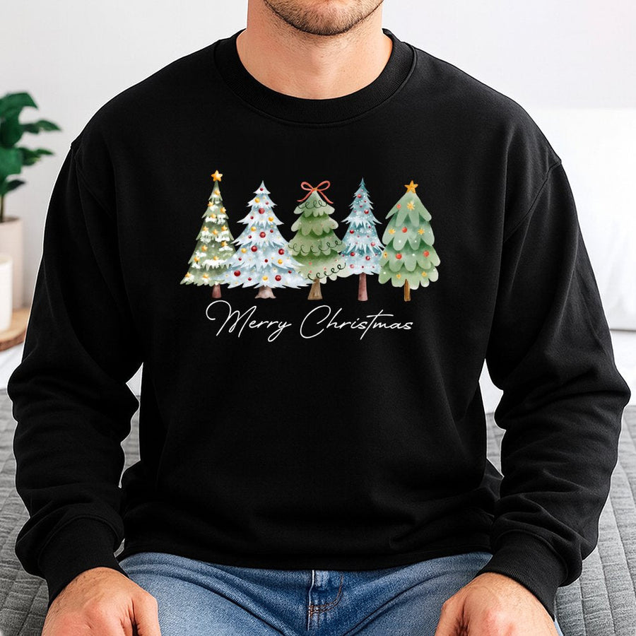 Merry Christmas Sweatshirt | Watercolor Christmas Tree Graphic | Cotton Polyester Blend | Holiday Gift For Her Women Men