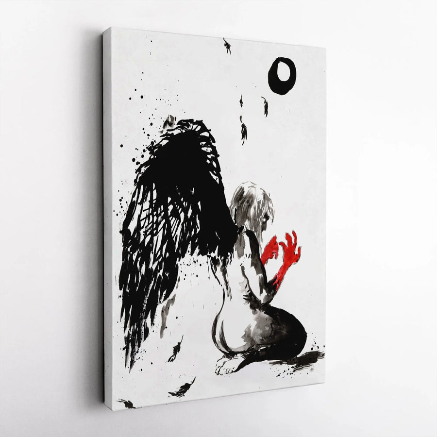 Fallen Angel Canvas Wall Art | Dark Gothic Ink Wash Painting | Premium Gallery Wrapped Decor | Moody Bedroom Gothic Home Decor Gift
