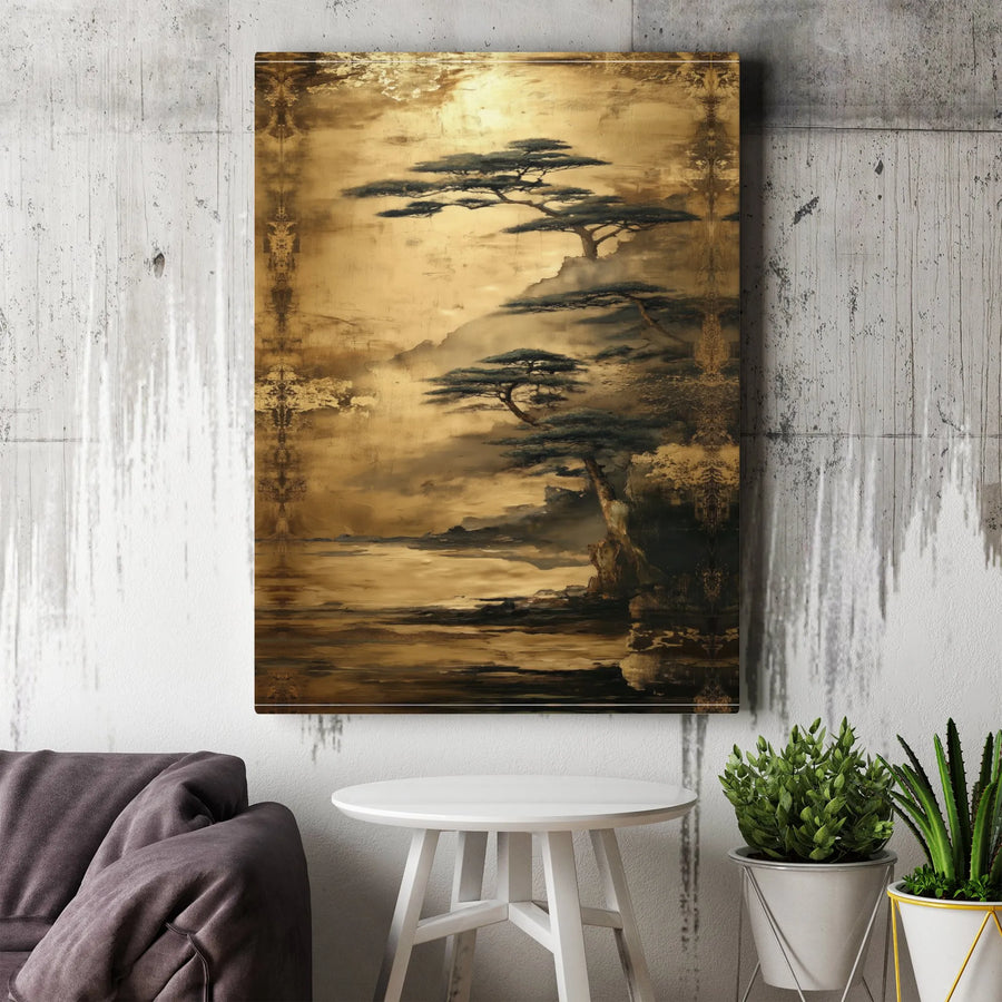 Japanese Pine Tree Canvas Wall Art | Vintage Sumi-e Ink Wash Painting | Premium Frameless Print | Zen Home Decor Gift for Living Room