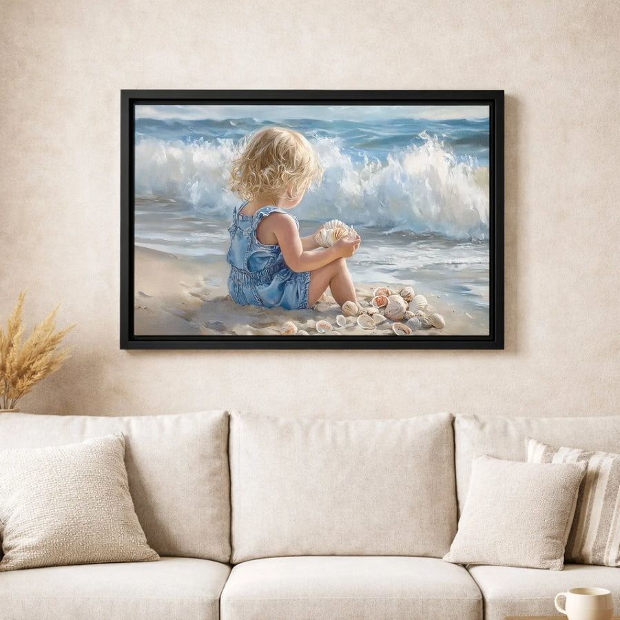 Little Girl Shell Collector Canvas Print | Coastal Beach Nursery Wall Art | 1.25-Inch Gallery Wrap | Premium Fade-Resistant Decor