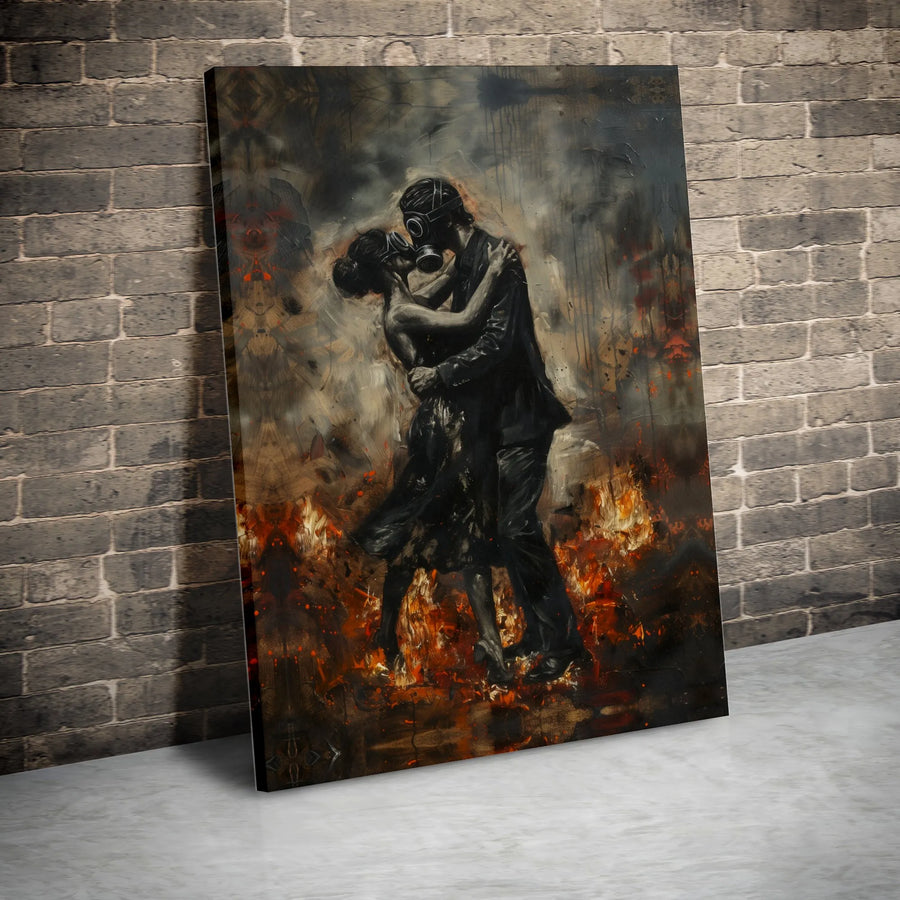Post-Apocalyptic Couple Canvas | Gas Mask Kissing in Fire Art | Gallery Wrapped Premium Print | Dark Romantic Wall Decor for Home Office