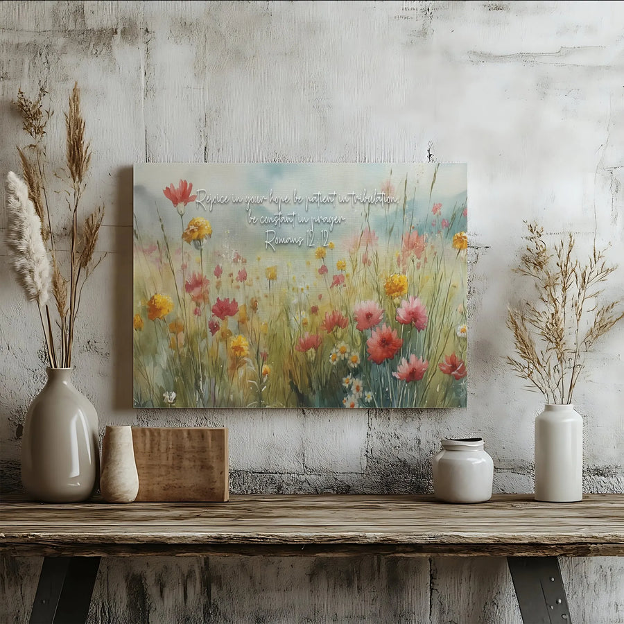 Romans 12:12 Bible Verse Canvas Wall Art | Watercolor Wildflower Meadow Scripture Print | Premium Stretched Canvas | Inspirational Christian Home Decor Gift