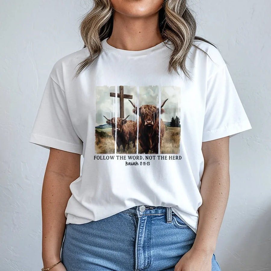 Highland Cow Christian T-Shirt | Follow The Word Not The Herd Bible Verse Design | Premium Cotton Graphic Tee | Religious Gift for Men and Women