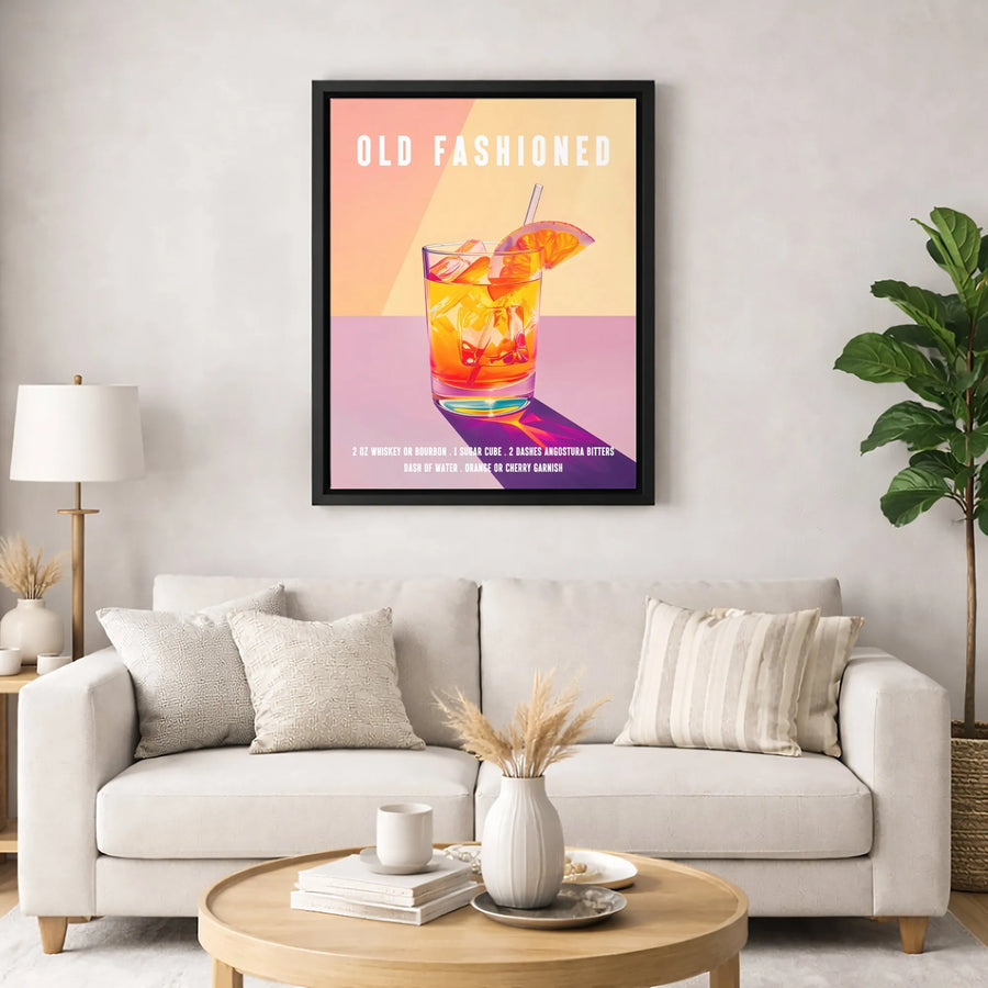Old Fashioned Cocktail Recipe Canvas | Retro Whiskey Wall Art | Premium Gallery Wrapped Print | Bar Decor Gift for Him