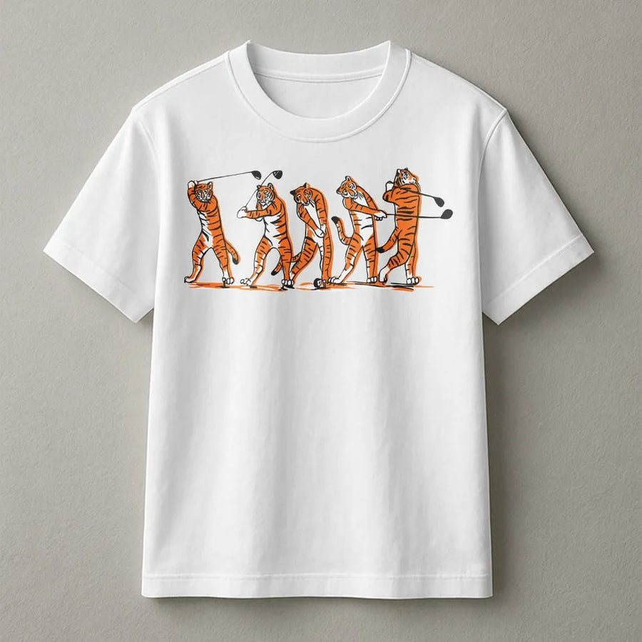 Tiger Golf Swing Graphic T-Shirt | Funny Animal Sports Illustration | Premium Soft Cotton Tee | Unique Golf Gift for Men and Women