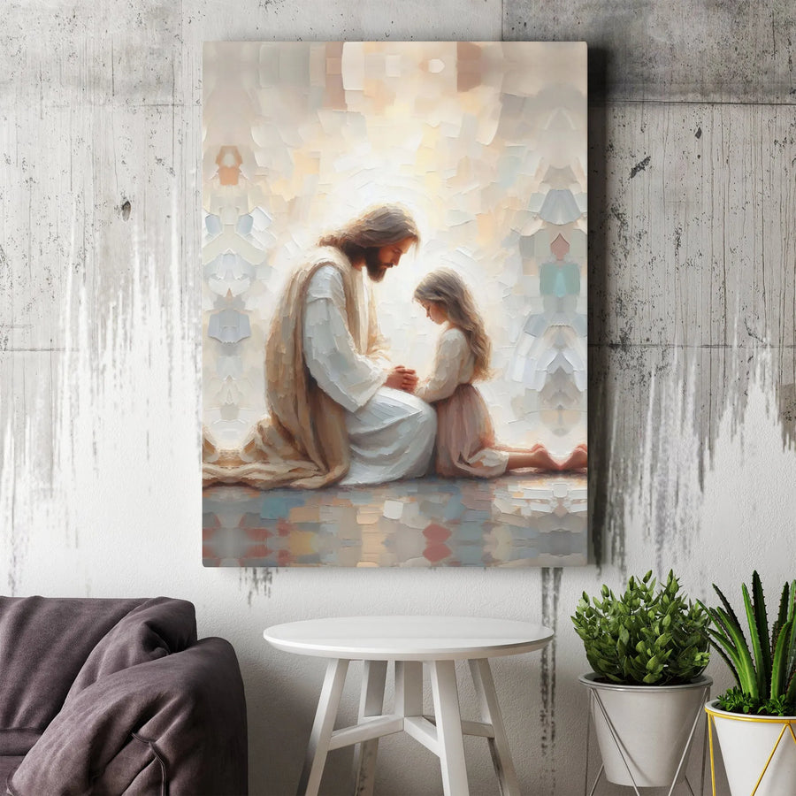 Jesus and Little Girl Canvas Print | Religious Prayer Wall Art | Premium Fade-Resistant Gallery Wrap | Christian Home Decor Gift
