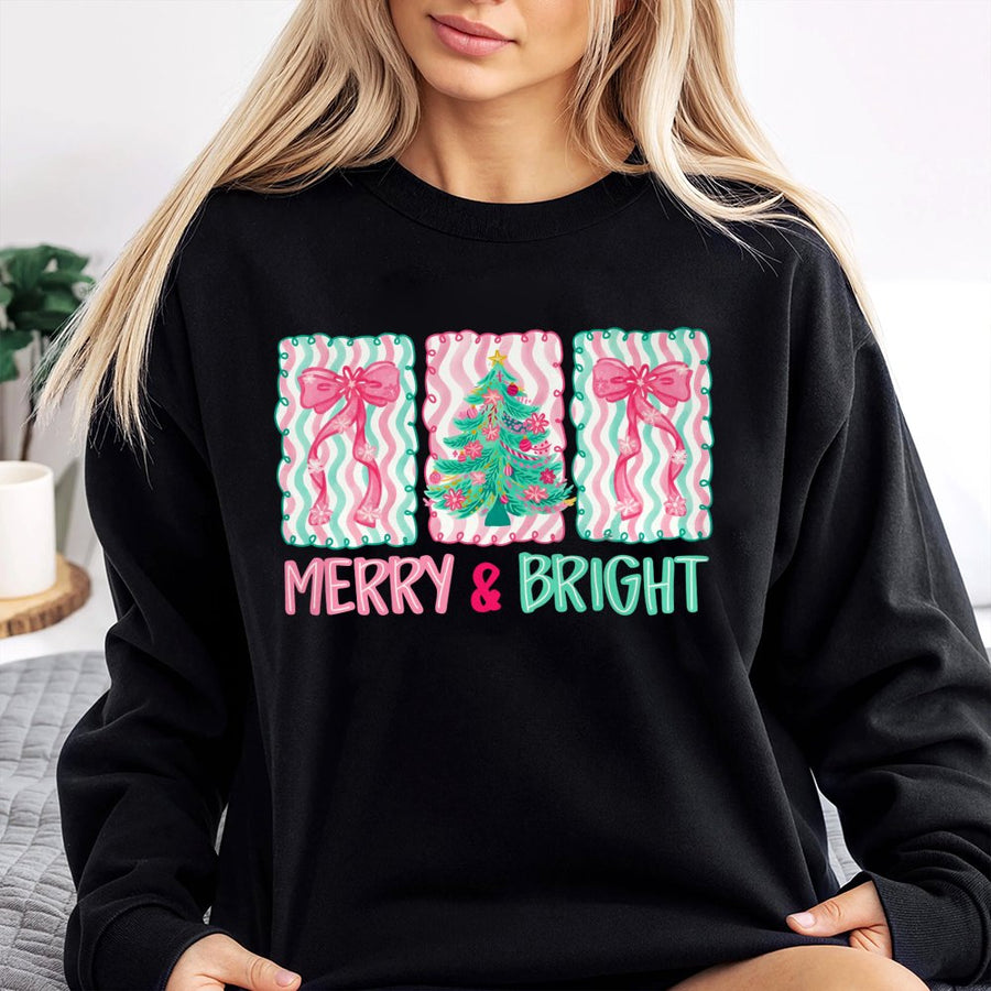 Merry and Bright Christmas Sweatshirt | Cute Pink Bow Tree Graphic | Premium Cotton Blend Crewneck | Festive Holiday Gift for Women