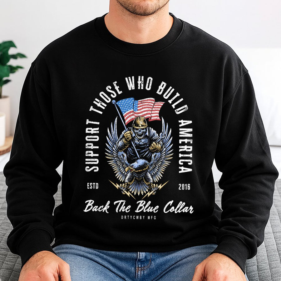 Blue Collar Worker Sweatshirt | American Flag Eagle Graphic | Premium Cotton Blend | Patriotic Gift for Construction Workers and Tradesmen