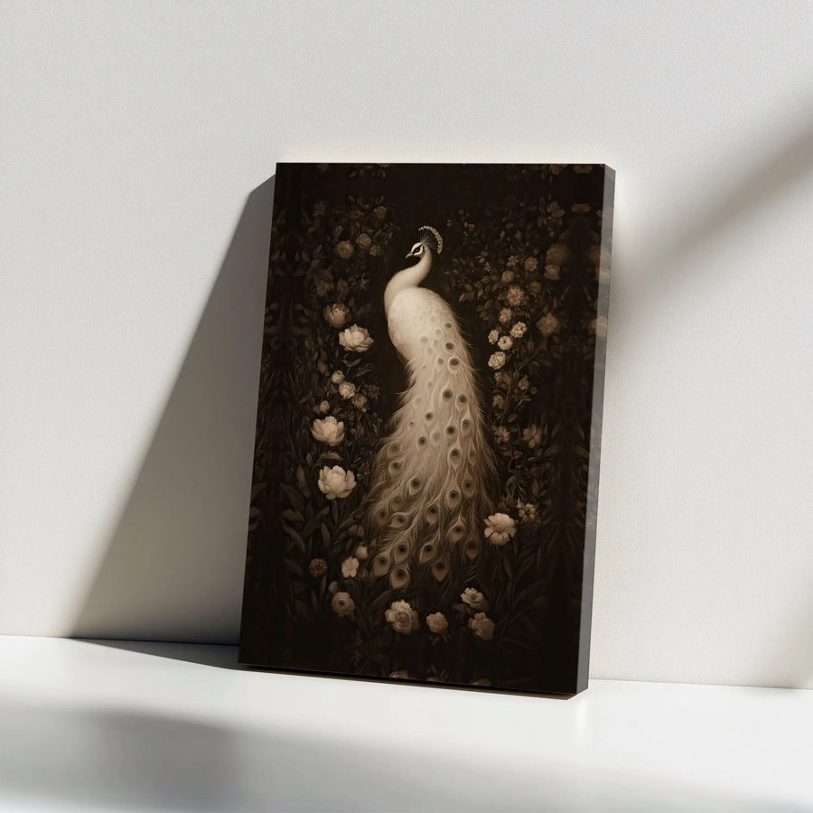 White Peacock Wall Art | Vintage Dark Floral Garden Canvas | Premium Gallery Wrap Print | Elegant Home Decor Gift For Bird Lovers