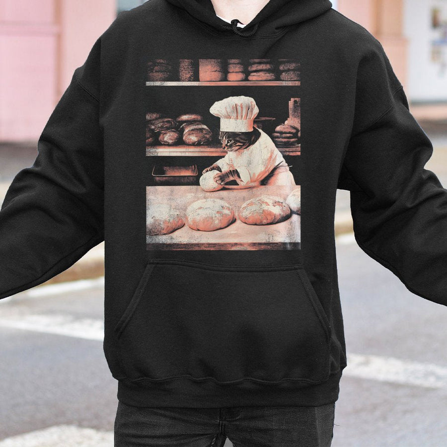 Baker Cat Hoodie | Funny Kitten Chef Kneading Dough Graphic | Premium Cotton Blend | Cute Gift for Cat Lovers and Culinary Enthusiasts