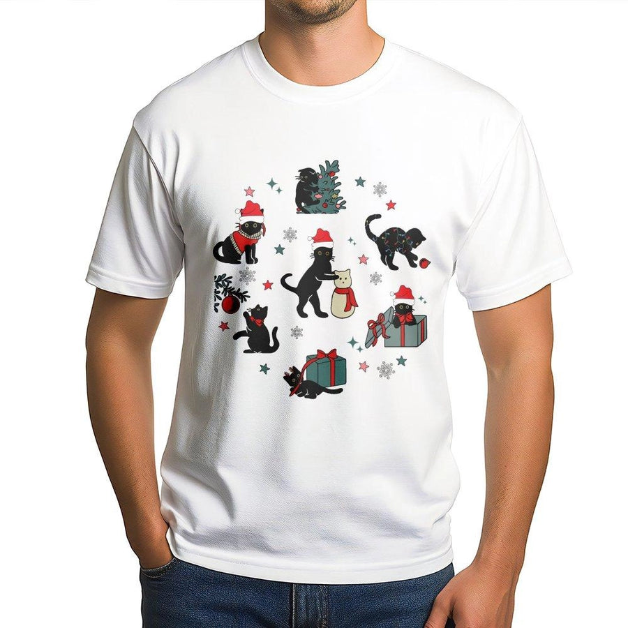 Christmas Black Cat T-Shirt | Festive Kittens with Santa Hats and Presents | Premium 100% Cotton Tee | Holiday Gift for Cat Lovers