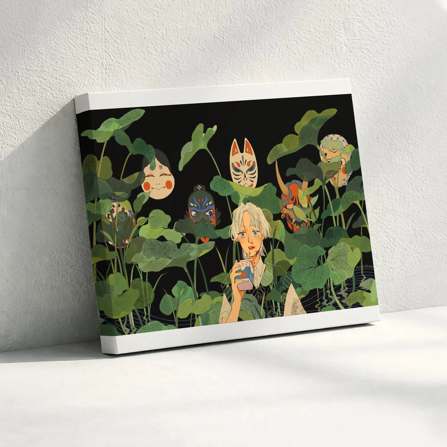 Japanese Masks Canvas Print | Anime Girl in Lotus Pond Art | Premium Gallery Wrap Canvas | Gift for Otaku & Manga Fans