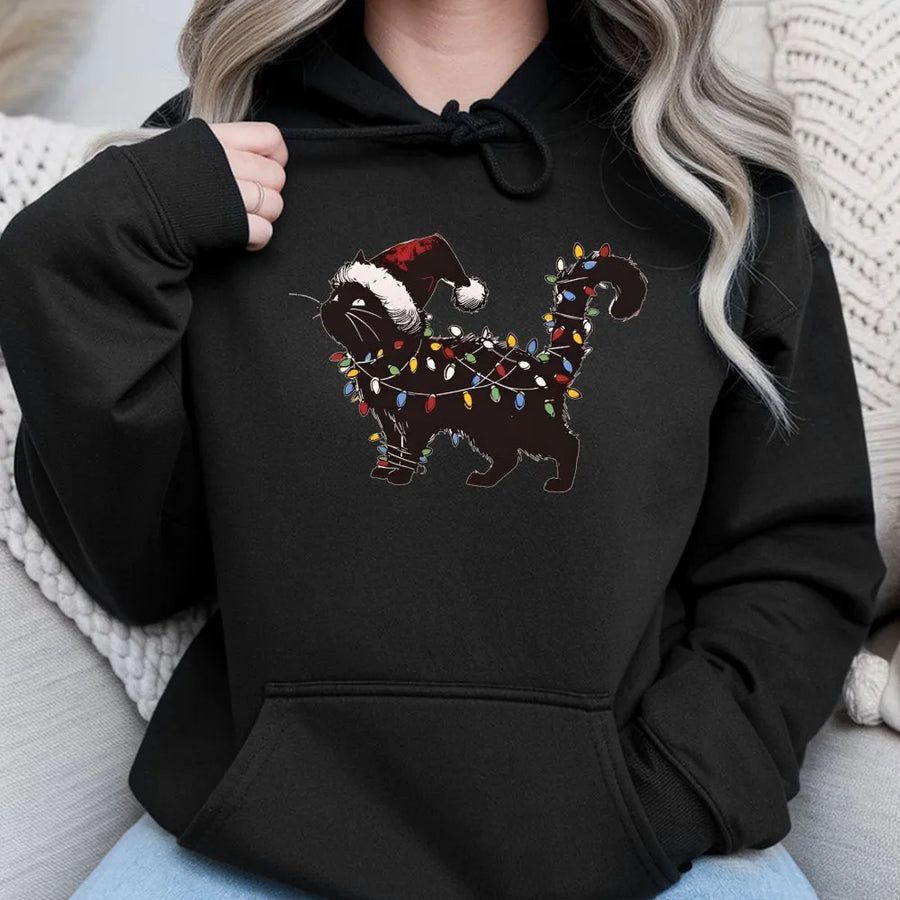 Cat Christmas Lights Hoodie | Black Kitty Santa Hat Graphic | Premium Cotton Blend | Funny Holiday Gift for Cat Lovers
