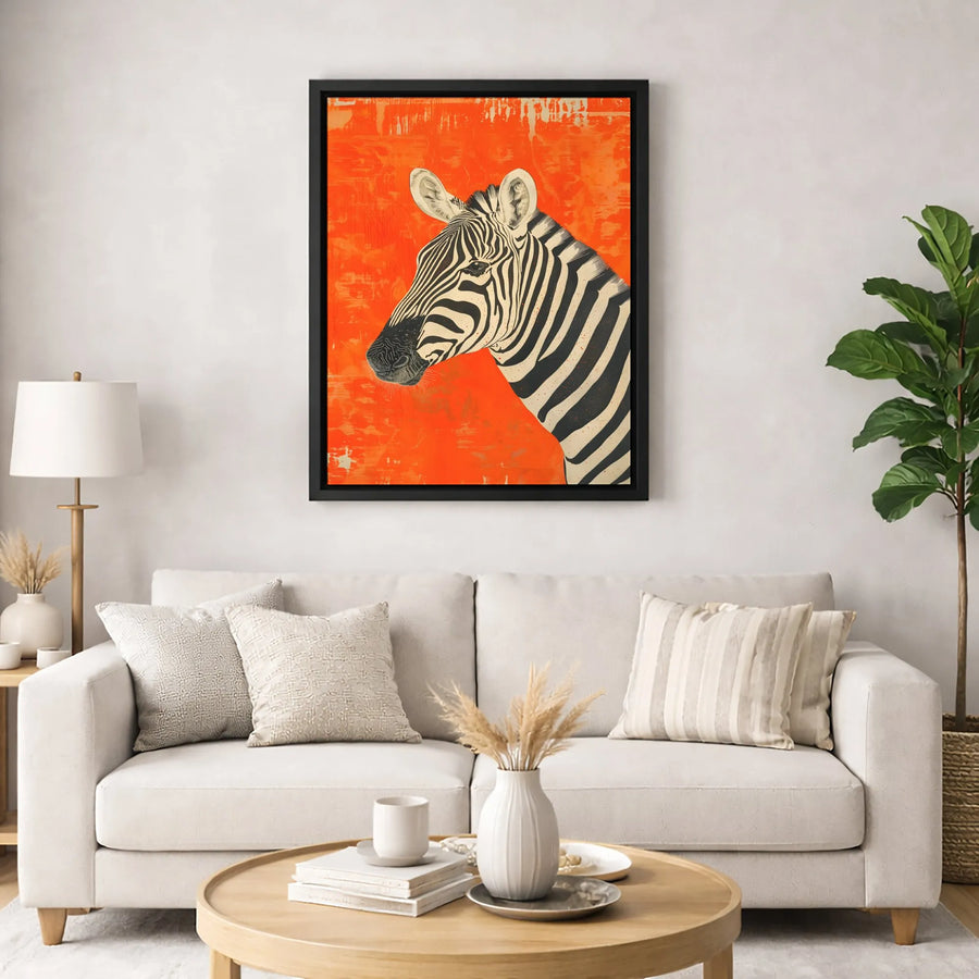 Zebra Wall Art Canvas | Modern Orange Animal Portrait | Premium Fade-Resistant Gallery Wrap | Bold Wildlife Home Decor For Living Room