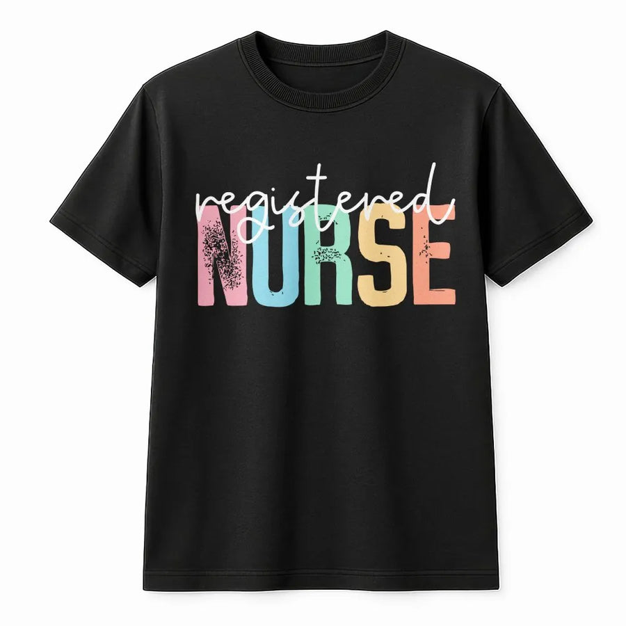 Registered Nurse T-Shirt | Colorful Typography Design | Soft Cotton-Poly Blend | RN Graduation Gift for Nursing Students