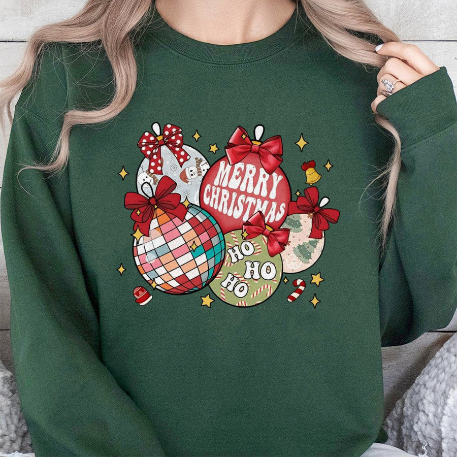 Retro Christmas Ornaments Sweatshirt | Disco Ball Holiday Graphic | Soft Cotton-Poly Blend | Festive Coquette Bow Gift for Women