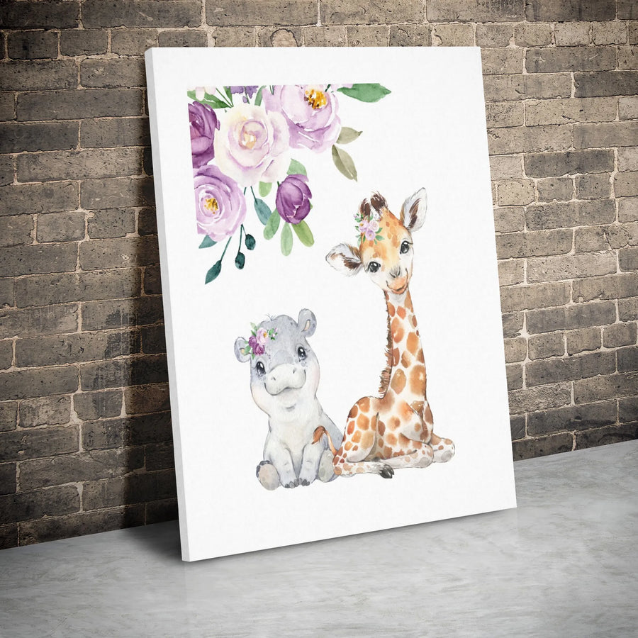 Baby Hippo and Giraffe Canvas Wall Art | Watercolor Safari Nursery Decor | Gallery Wrapped Premium Print | Sweet Animal Gift for Baby Shower
