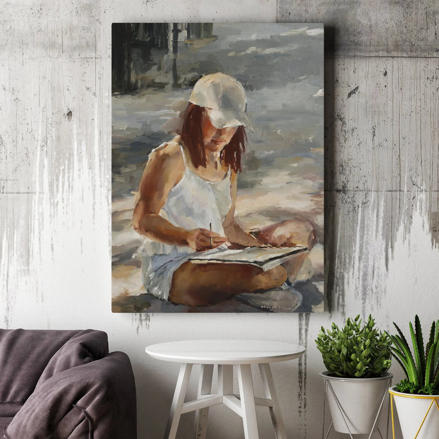 Woman Sketching in Italy Vertical Canvas | Impressionist Style Painting Print | Premium Gallery Wrapped Canvas | Home Decor Gift for Artist