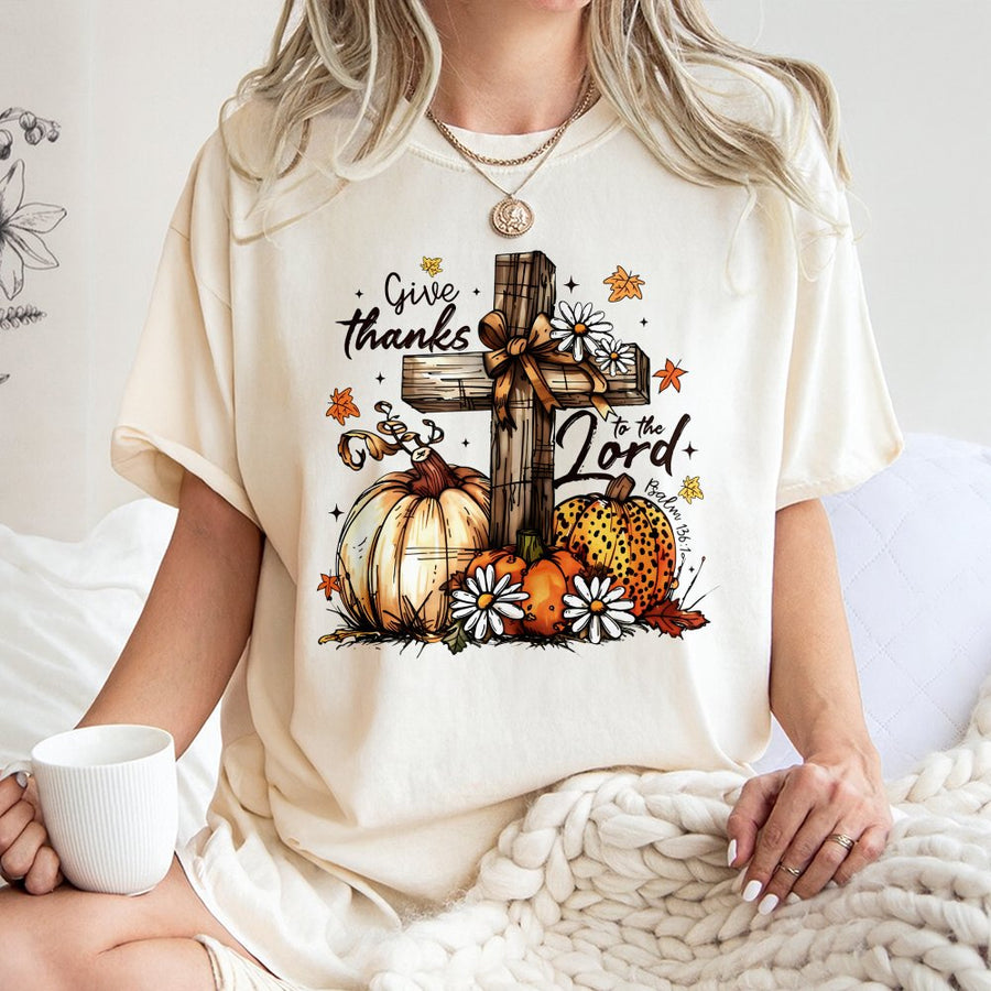 Give Thanks To The Lord T-Shirt | Fall Pumpkin Floral Cross Graphic | 100% Cotton Premium Tee | Christian Autumn Faith Gift for Women