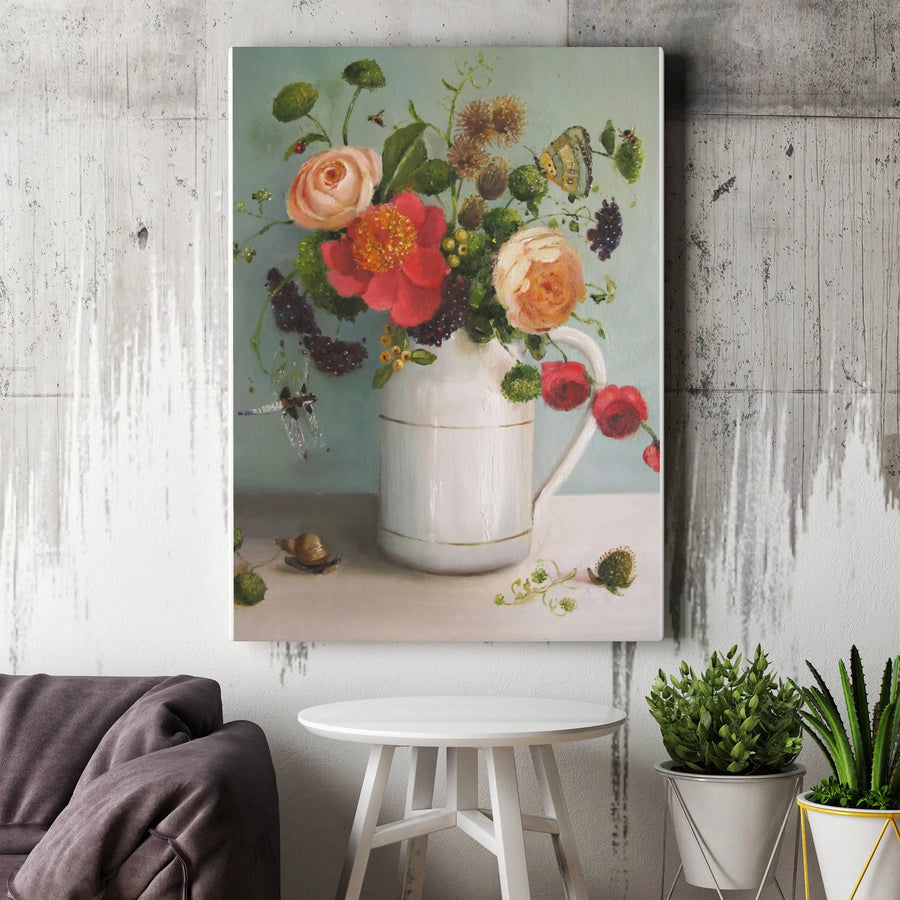 Vintage Floral Canvas Print | Still Life Wildflower Bouquet with Insects | Premium Gallery Wrapped Art | Farmhouse Kitchen Decor Gift