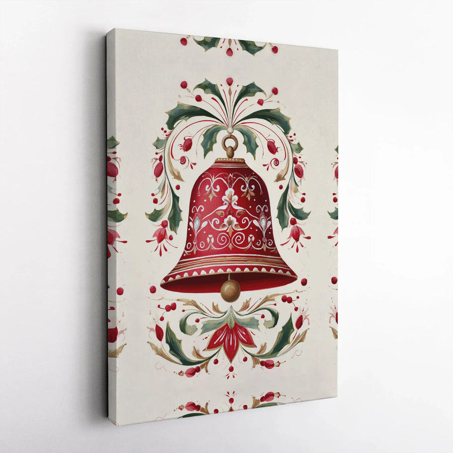 Christmas Bell Canvas Wall Art | Ornate Red Holiday Botanical Print | Premium Fade-Resistant Gallery Wrap | Festive Home Decor Gift for Holidays