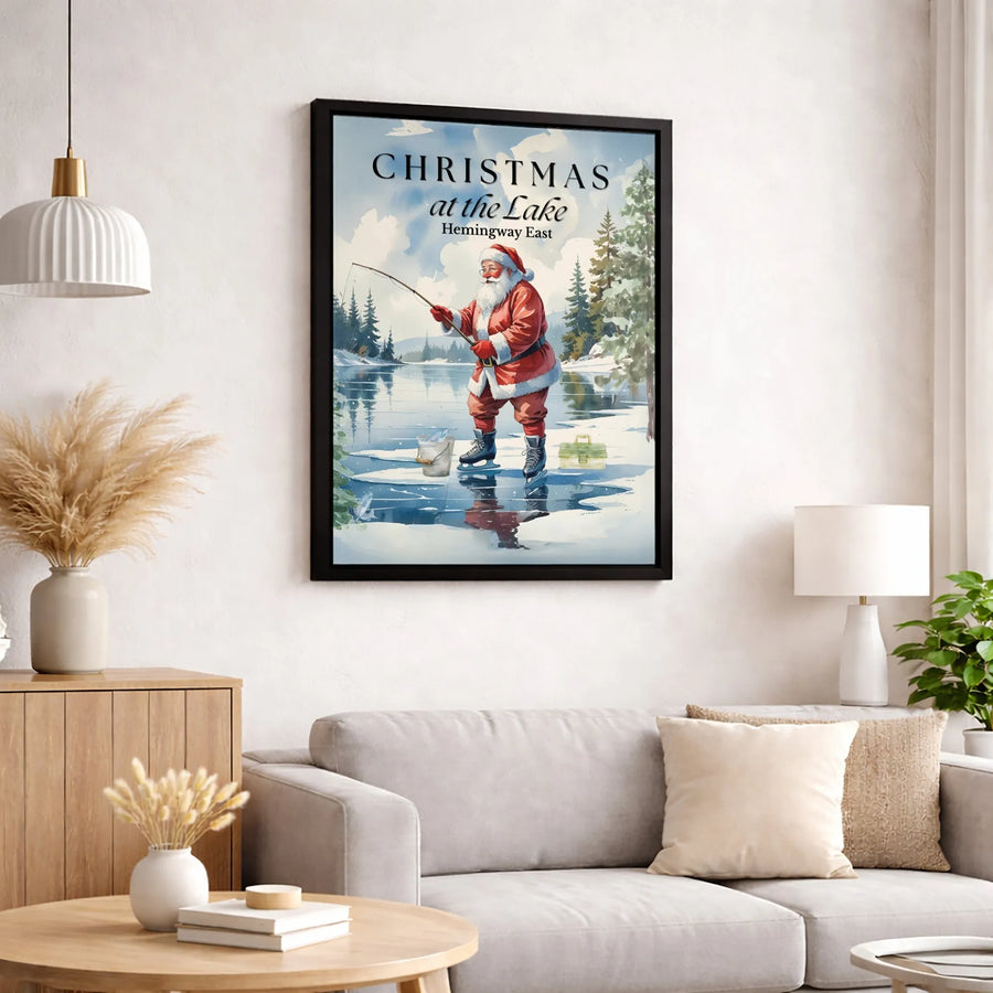 Christmas at the Lake Canvas Print | Santa Ice Fishing Winter Scene | Premium Gallery Wrap Wall Art | Rustic Holiday Cabin Decor Gift