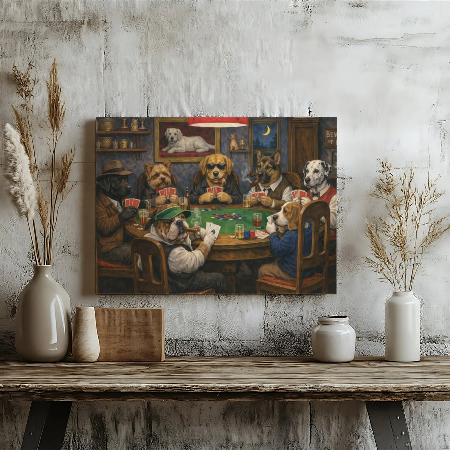 Dogs Playing Poker Canvas Wall Art | Funny Animal Poker Night Painting | Premium Gallery Wrapped Canvas | Man Cave Decor Gift for Dad