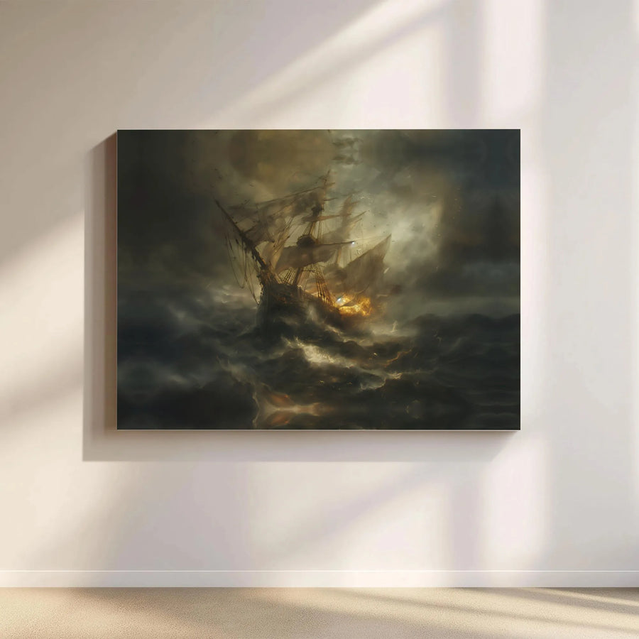 Sailing Ship Stormy Sea Canvas Wall Art | Moody Nautical Ocean Painting | Gallery Quality 1.25-inch Profile | Home & Office Decor Gift