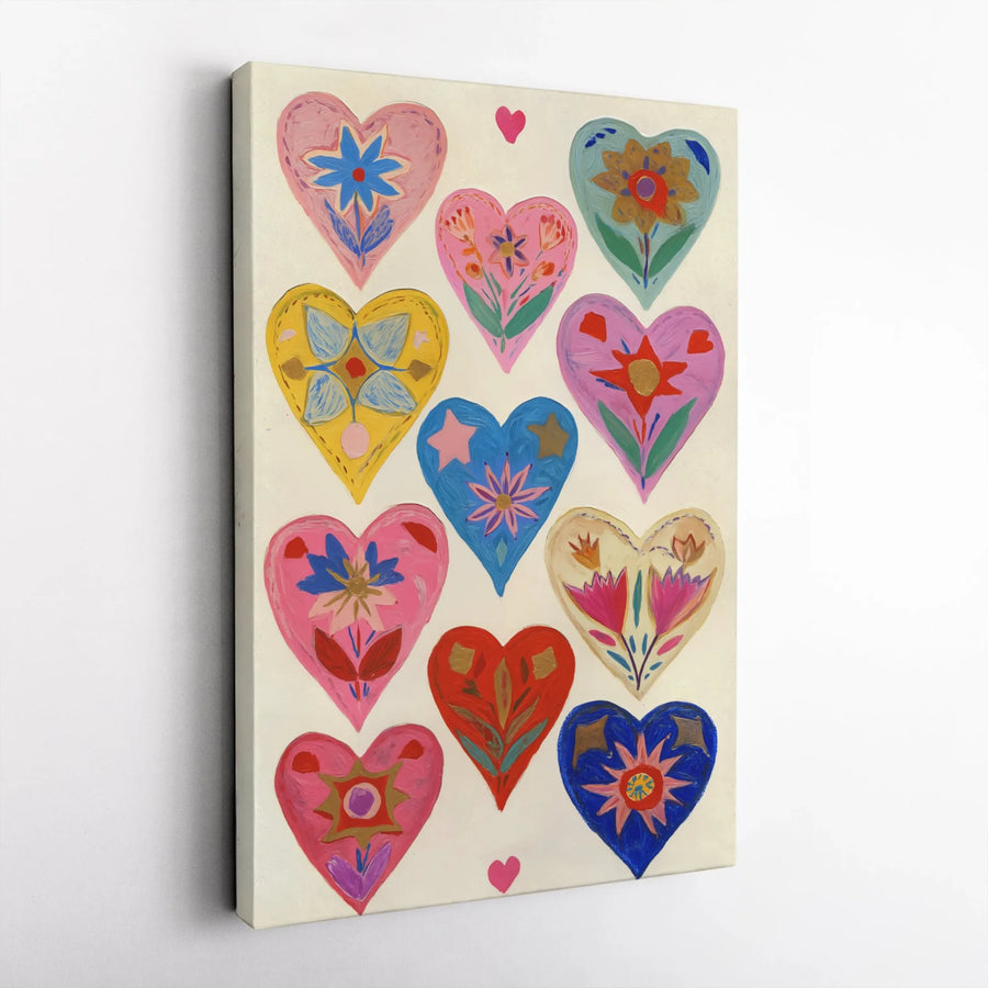 Folk Art Heart Wall Art | Colorful Floral Illustration | Premium Gallery Wrapped Canvas | Bohemian Home Decor Gift For Her