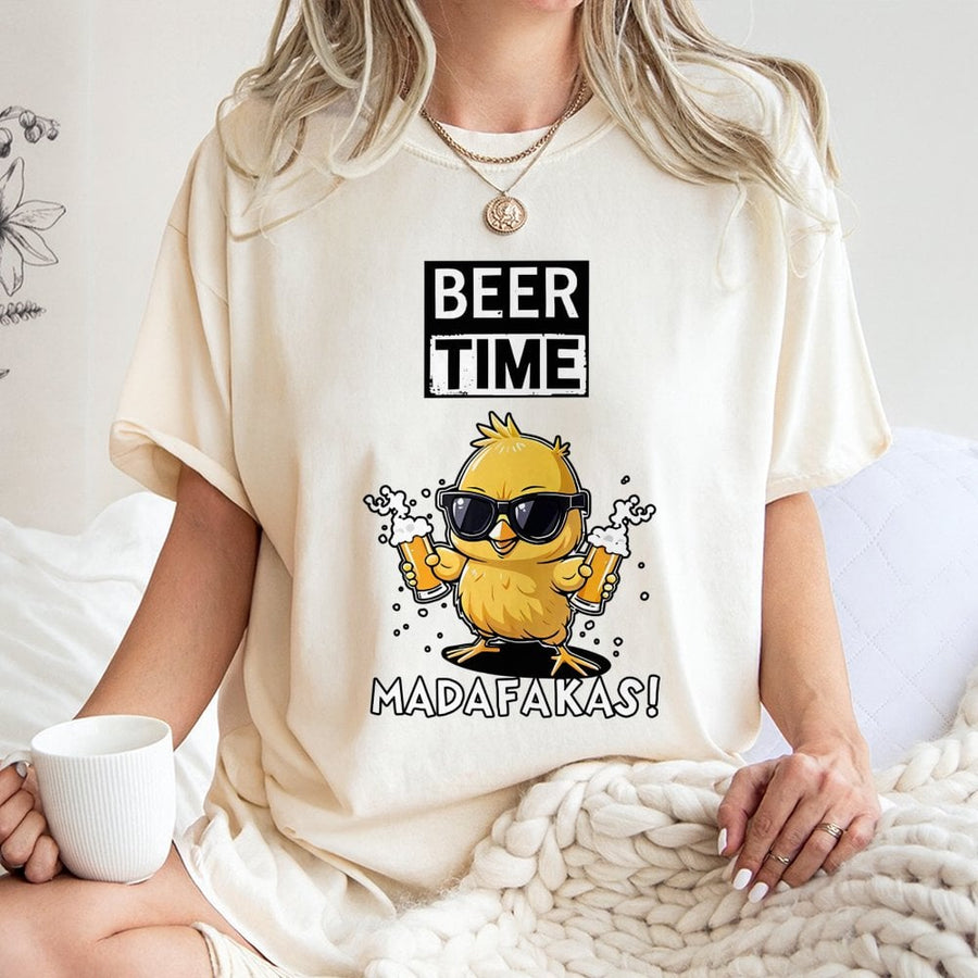 Beer Time Chick T-Shirt | Funny Chicken Drinking Beer Graphic | 100% Cotton Premium Tee | Unique Gift for Beer Lovers and Party Animals