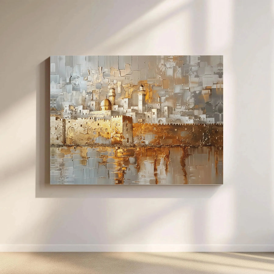 Jerusalem Old City Canvas Wall Art | Abstract Dome Of The Rock Gold Texture | Premium Gallery-Wrapped Print | Modern Home Decor Gift
