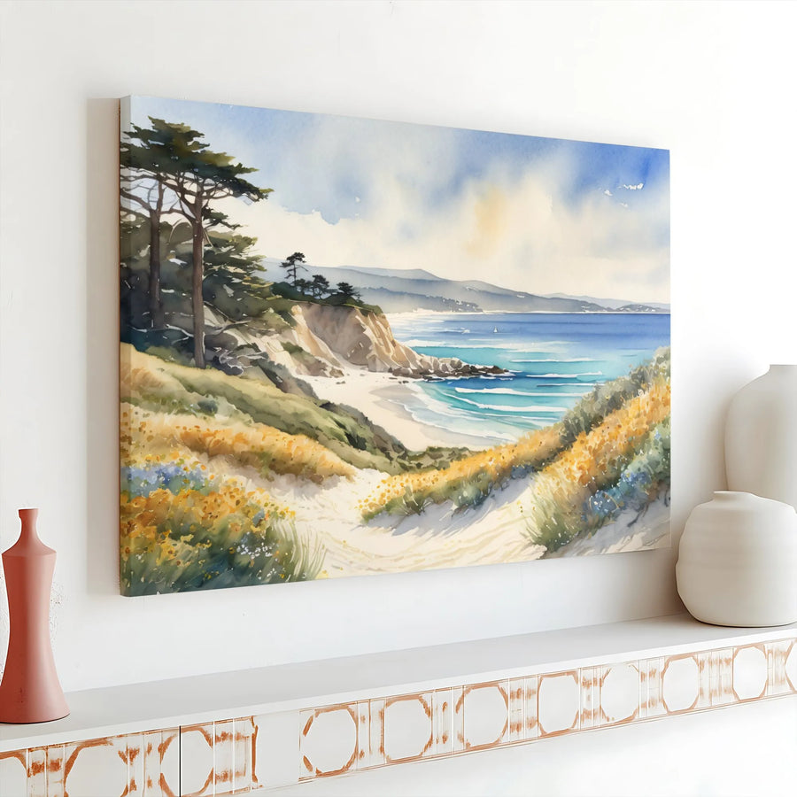 Coastal Watercolor Canvas | Serene Beach Path Seascape Print | Premium Gallery Wrap Wall Art | Gift for Beach Lover & Home Decor
