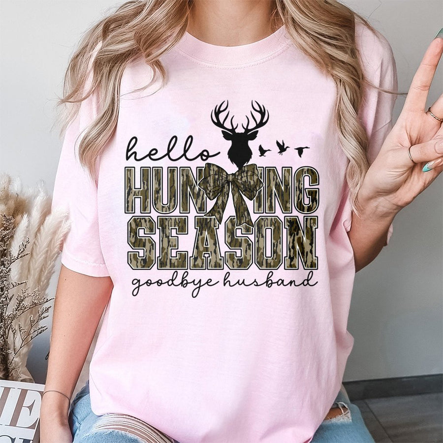 Hello Hunting Season Goodbye Husband T-Shirt | Camo Deer Bow Graphic Design | 100% Cotton Premium Apparel | Funny Hunting Wife Gift For Her