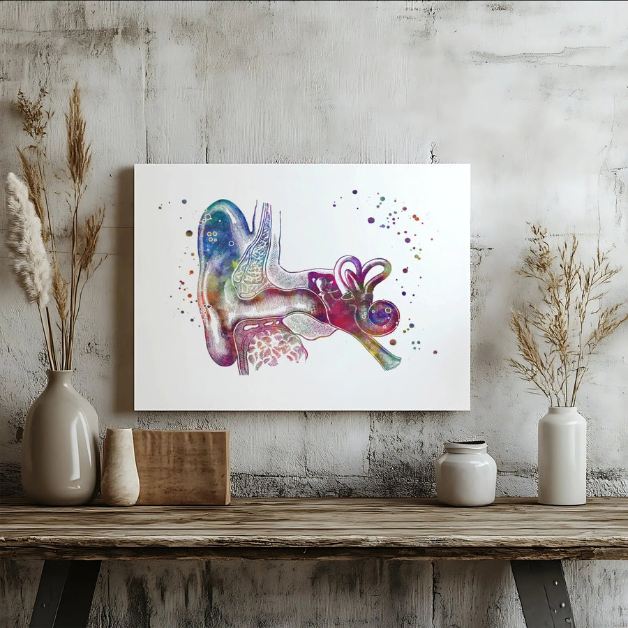 Human Ear Anatomy Print | Watercolor Medical Wall Art | Premium Gallery Canvas | Audiology Clinic Decor & Science Gift